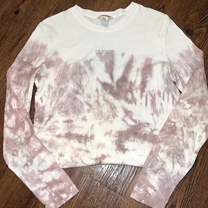 Guess White & Tan Marbled Long Sleeve Top with Silver Bling Logo Size XL